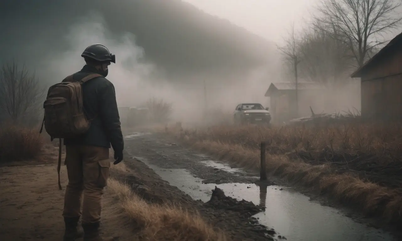 Effects of Poor Air Quality on Humans, Plants, and Animals, featuring a polluted industrial area with toxic fumes, dead vegetation, and suffering wildlife, evoking a feeling of devastation and urgency for change.