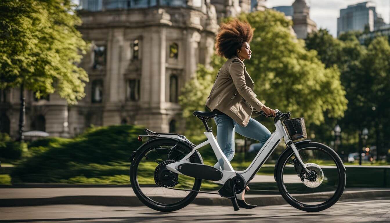 A person rides an electric bicycle through a bustling city park with a diverse range of people. A person rides an electric bicycle through a bustling city park with a diverse range of people.