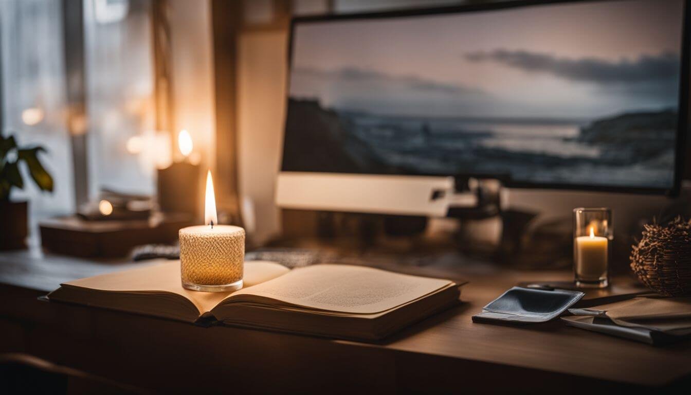 A single lit candle illuminating a simple, uncluttered workspace in a still life photograph. A single lit candle illuminating a simple, uncluttered workspace in a still life photograph.
