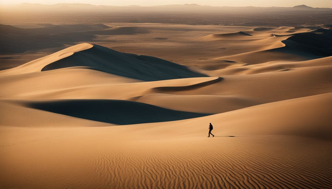 A person walking through a deserted landscape with different faces, outfits, and hairstyles. A person walking through a deserted landscape with different faces, outfits, and hairstyles.