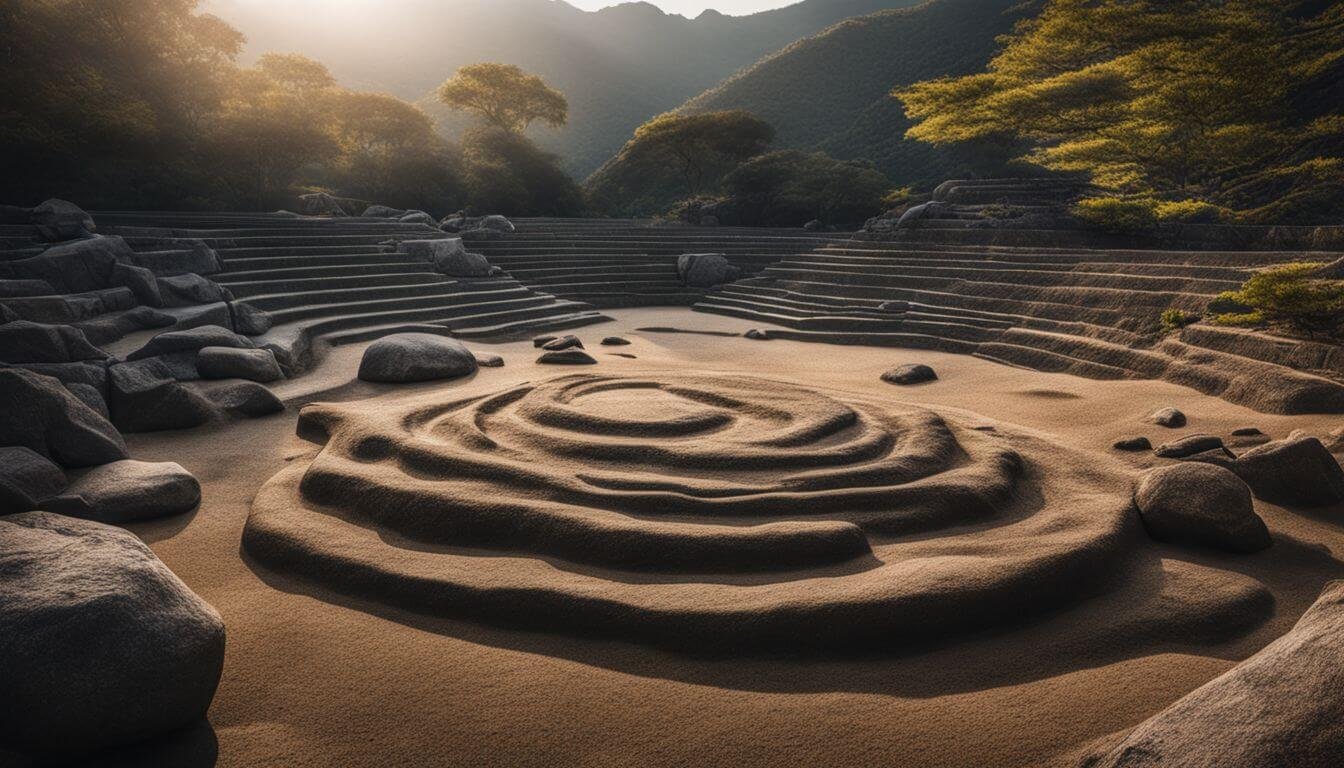 A photo of a zen rock garden with diverse people enjoying the peaceful atmosphere. A photo of a zen rock garden with diverse people enjoying the peaceful atmosphere.