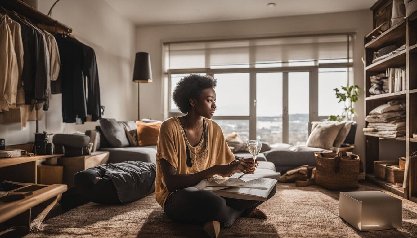 A person sits in a clutter-free, well-lit room surrounded by essential belongings in a serene atmosphere. A person sits in a clutter-free, well-lit room surrounded by essential belongings in a serene atmosphere.