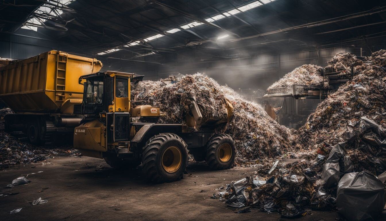 A pile of recycled waste being transformed into fuel in an industrial setting. A pile of recycled waste being transformed into fuel in an industrial setting.