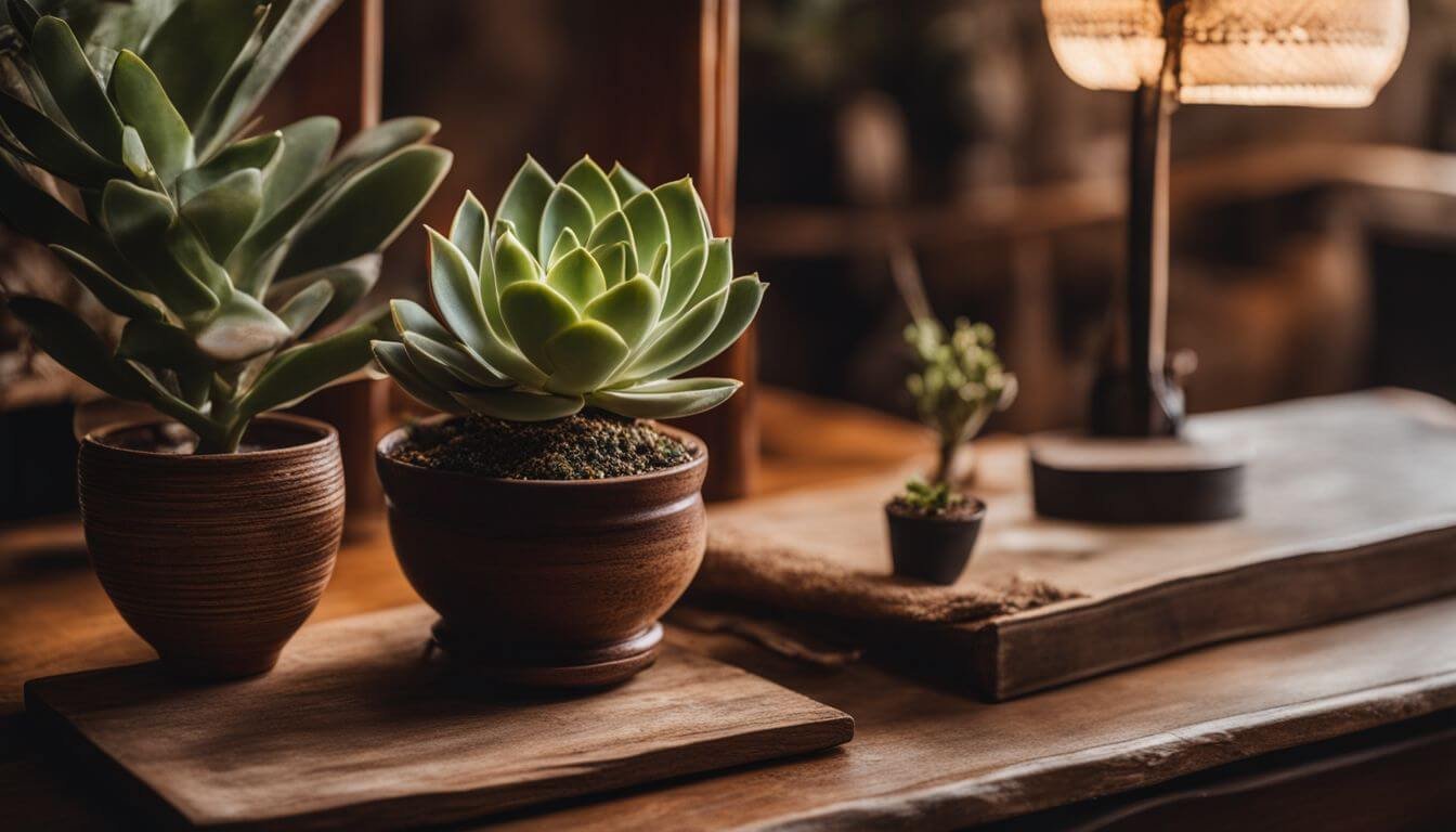A simple wooden table with a succulent plant in a bohemian room. A simple wooden table with a succulent plant in a bohemian room.