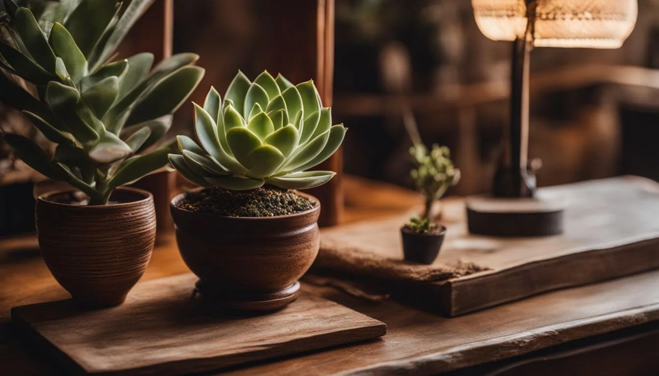A simple wooden table with a succulent plant in a bohemian room. A simple wooden table with a succulent plant in a bohemian room.