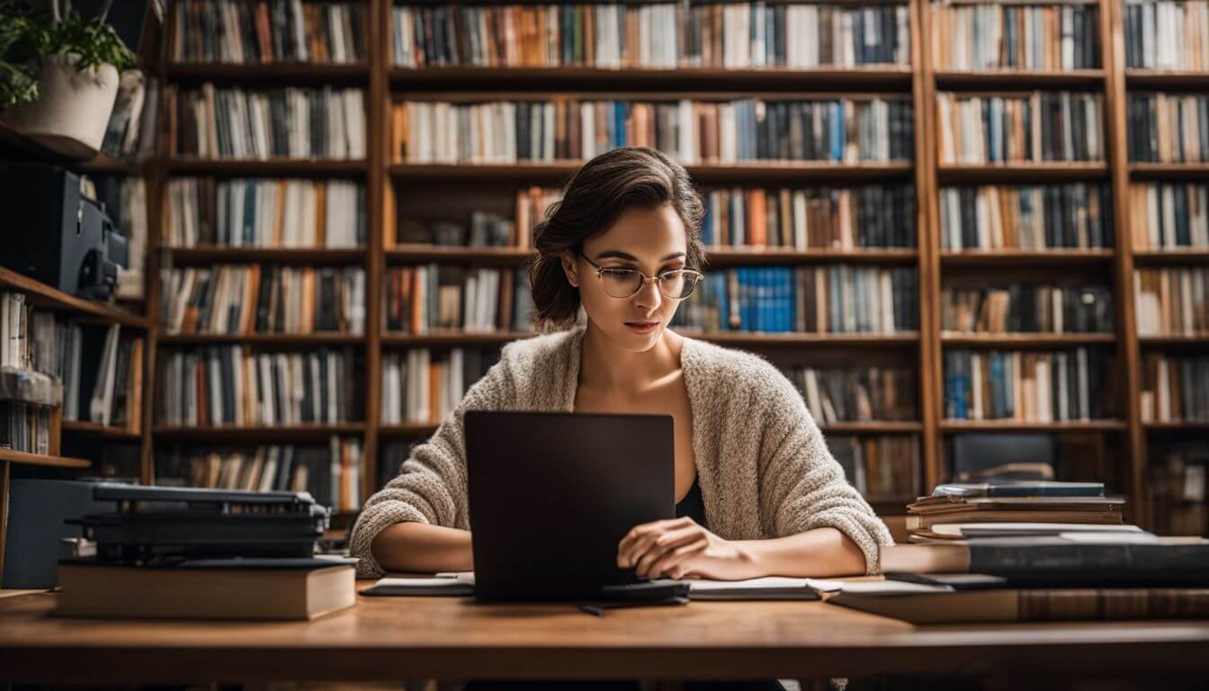 A person sitting in a clutter-free room, contemplating in front of a bookshelf with different portraits and books. A person sitting in a clutter-free room, contemplating in front of a bookshelf with different portraits and books.