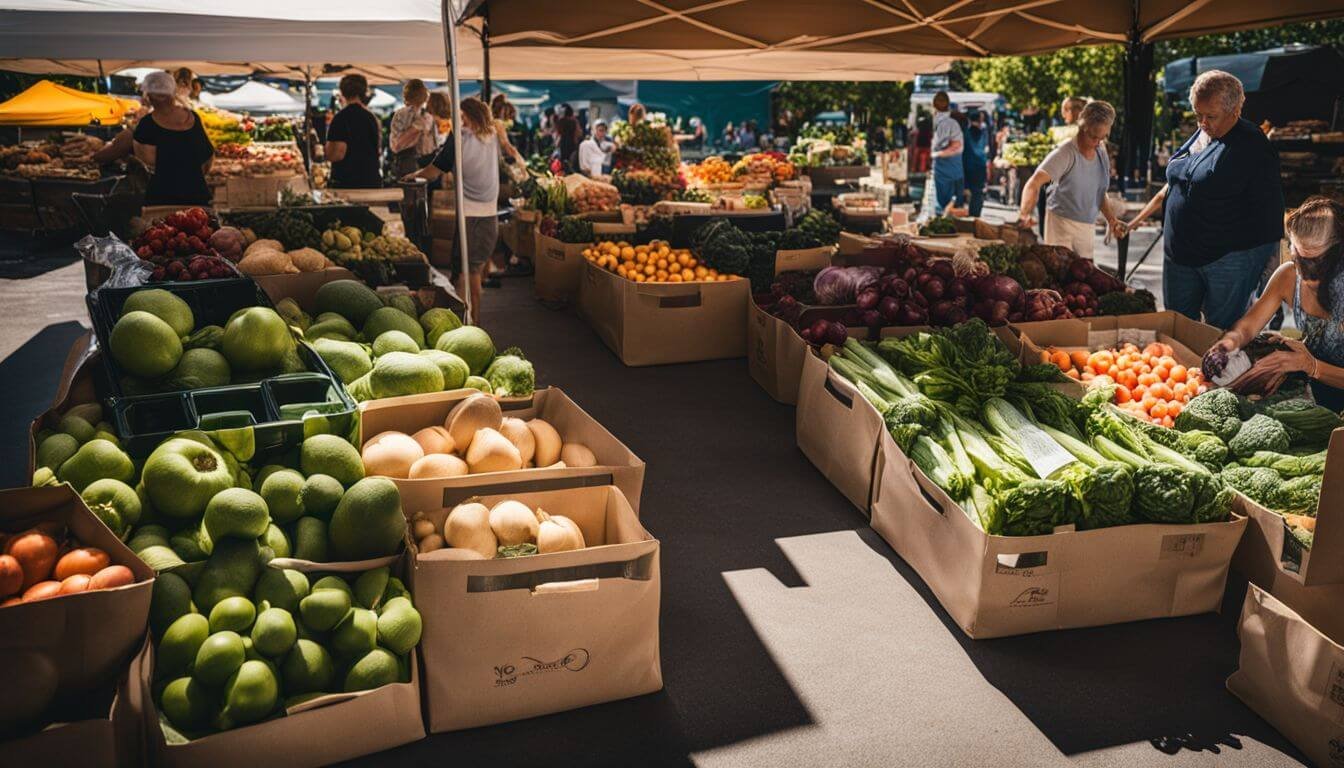 A vibrant farmer's market scene featuring reusable bags filled with fresh produce and diverse people. A vibrant farmer's market scene featuring reusable bags filled with fresh produce and diverse people.