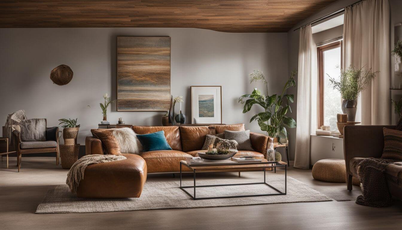 A minimalist living room with bohemian accents and earthy textures in a bustling atmosphere. A minimalist living room with bohemian accents and earthy textures in a bustling atmosphere.