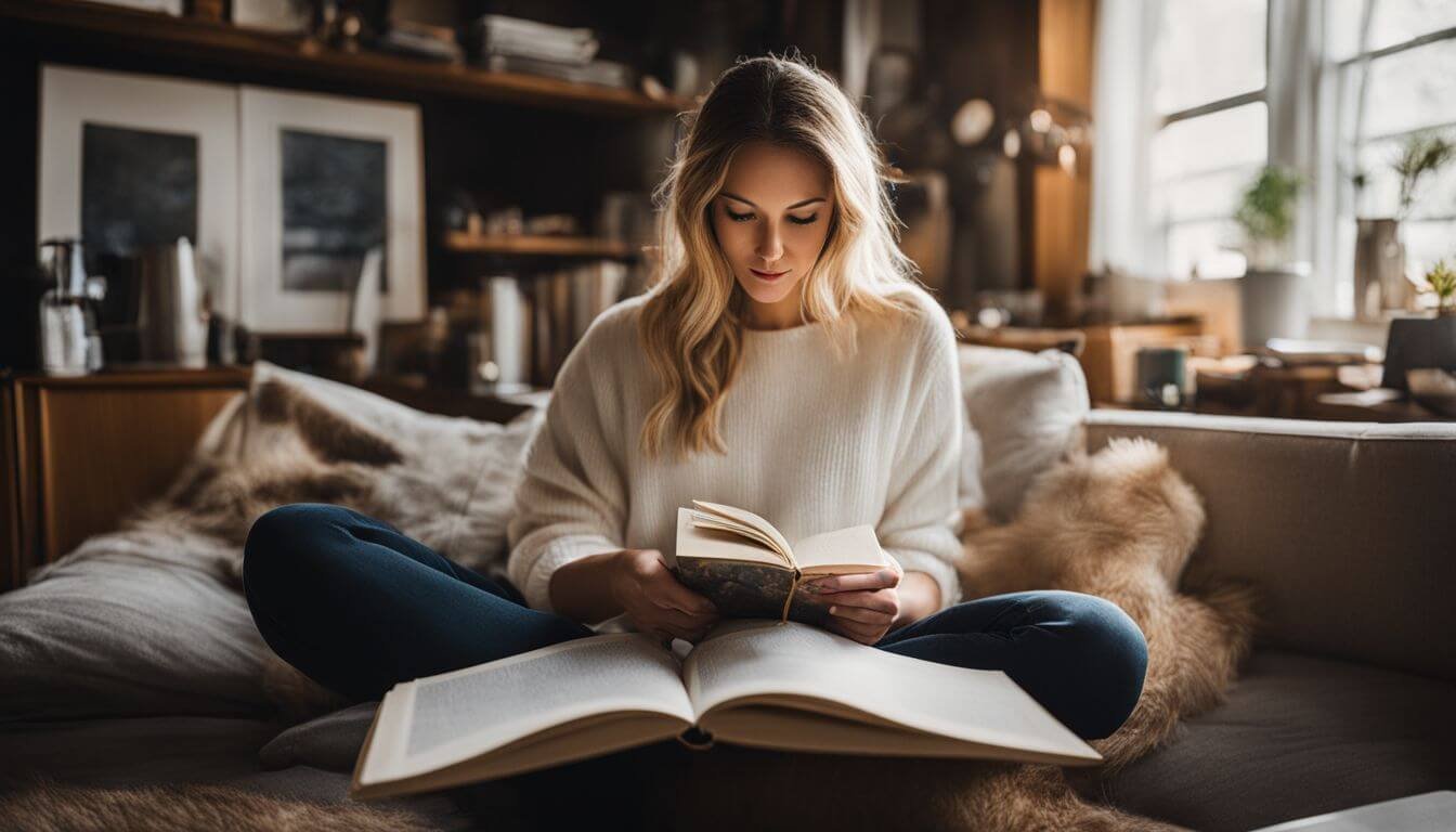 A person enjoys reading a book in a cozy, clutter-free home. A person enjoys reading a book in a cozy, clutter-free home.