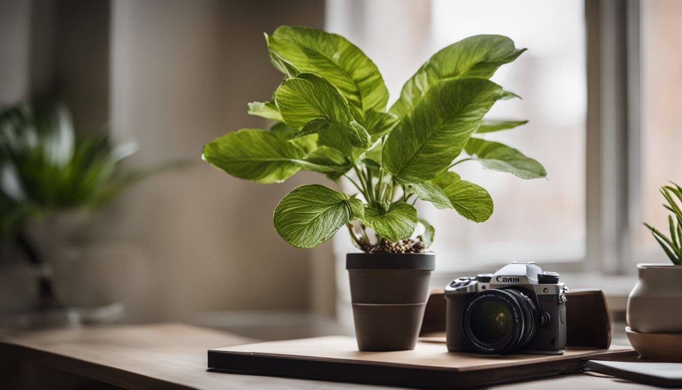 A single potted plant on a clean desk with various people in different outfits. A single potted plant on a clean desk with various people in different outfits.