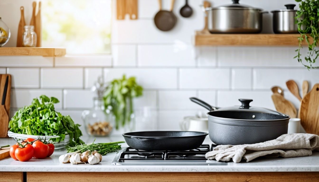A clutter-free kitchen counter with essential cooking utensils in a minimalist environment. A clutter-free kitchen counter with essential cooking utensils in a minimalist environment.