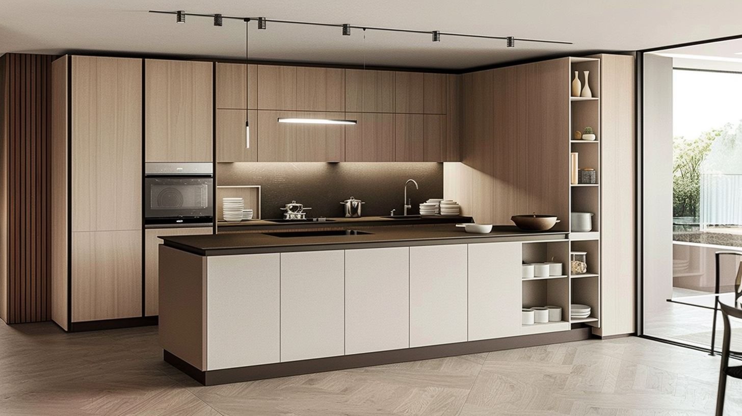 A clutter-free, minimalist kitchen with neutral colors, concealed appliances, and well-organized storage. A clutter-free, minimalist kitchen with neutral colors, concealed appliances, and well-organized storage.